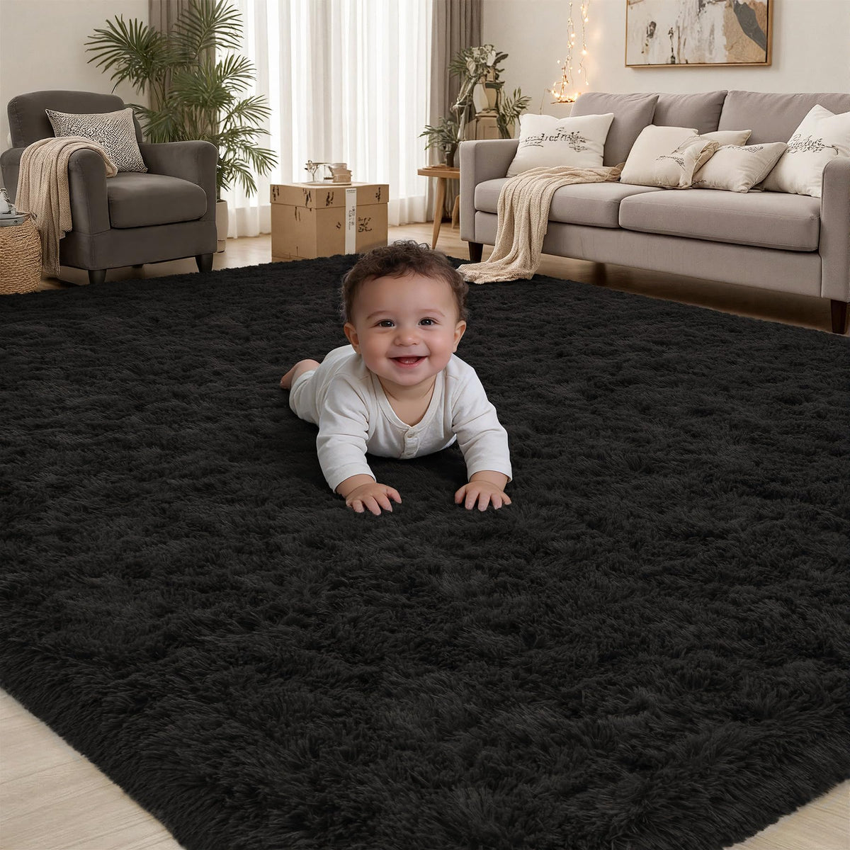PLHXFR 9x12 Area Rugs Living Room: Fluffy Bedroom Soft Shag Rug Black Grey