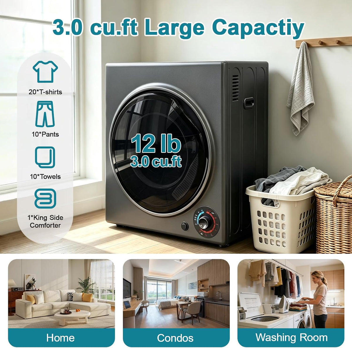 3.0 Cu.Ft Portable Dryer for Clothes, 1500W Dryer, 4 Drying Mode