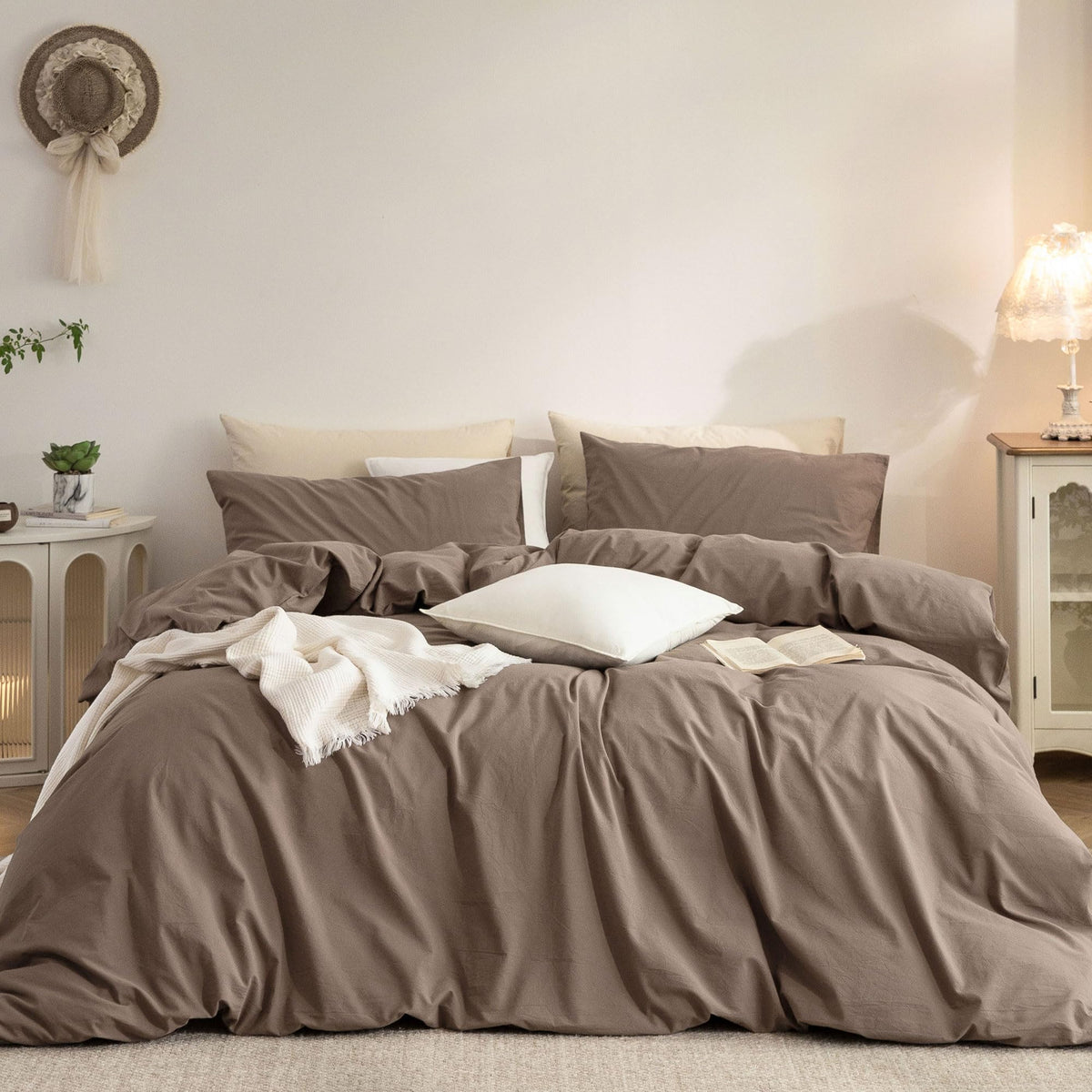 Duvet Cover Set Washed Cotton Embroidered Hem King 3‑Pcs
