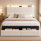 Queen Bed Frame with 2 Storage Drawers, Beige Velvet Upholstered