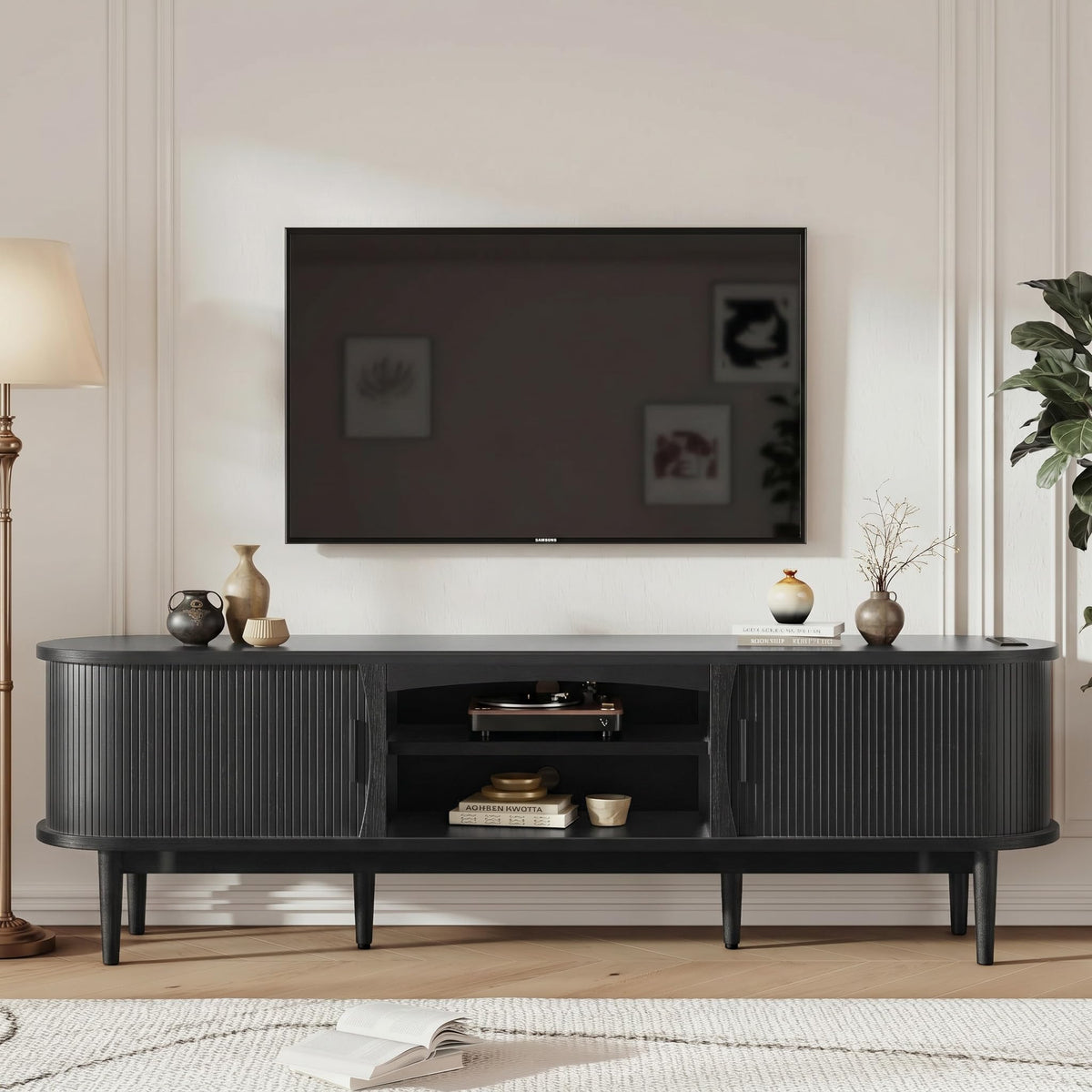 Decofy Mid Century TV Stand for TVs up to 65 Inches, Entertainment Center with Storage, Power Outlet, Fluted Sliding Doors & Adjustable Shelves, Modern Media TV Console Table for Living Room (Walnut)