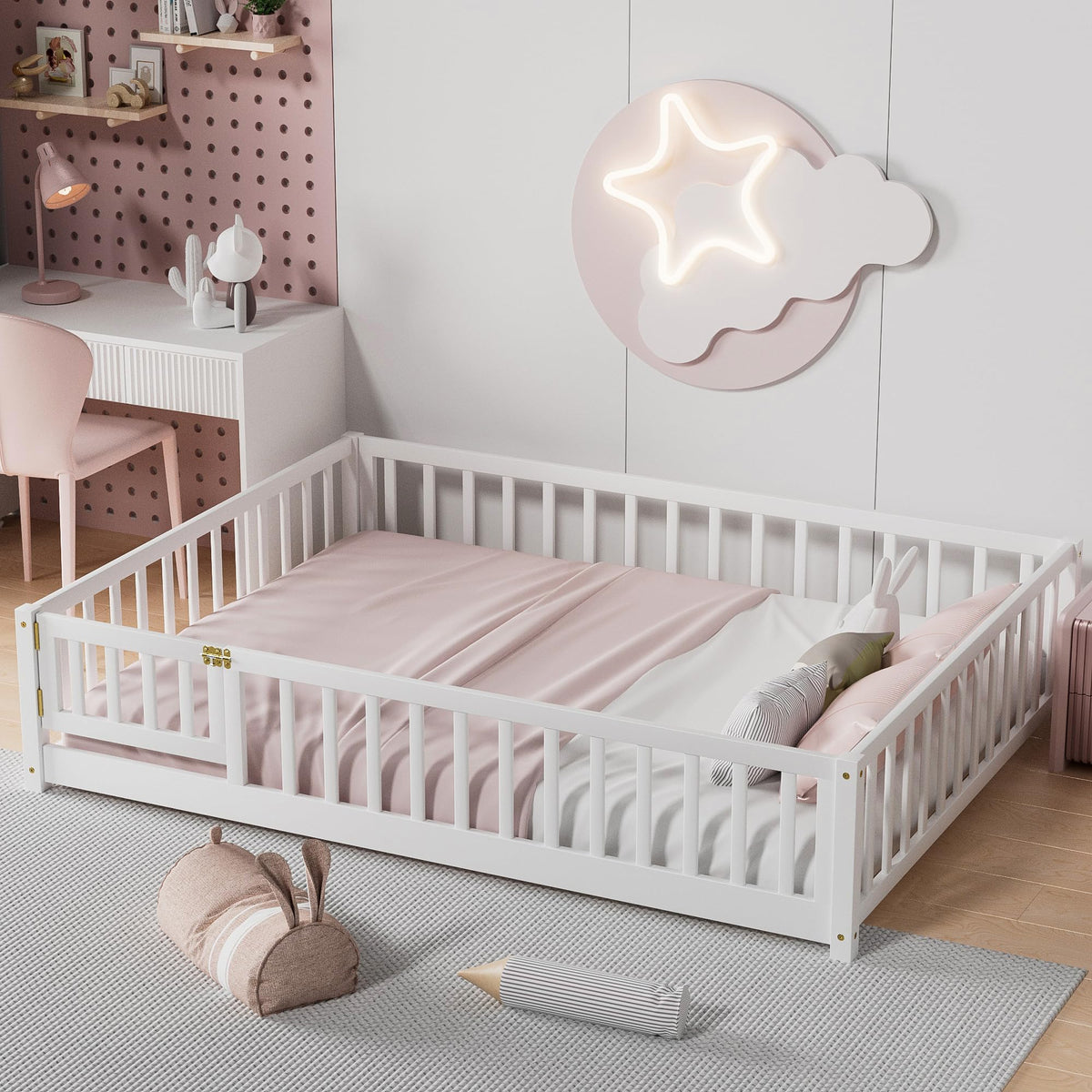 i-POOK Twin Floor Bed for Children, Sturdy Wood Montessori Bed Frame with Wood Slats, High Fence & Small Door, Montessori Floor Bed for Girls and Boys, White