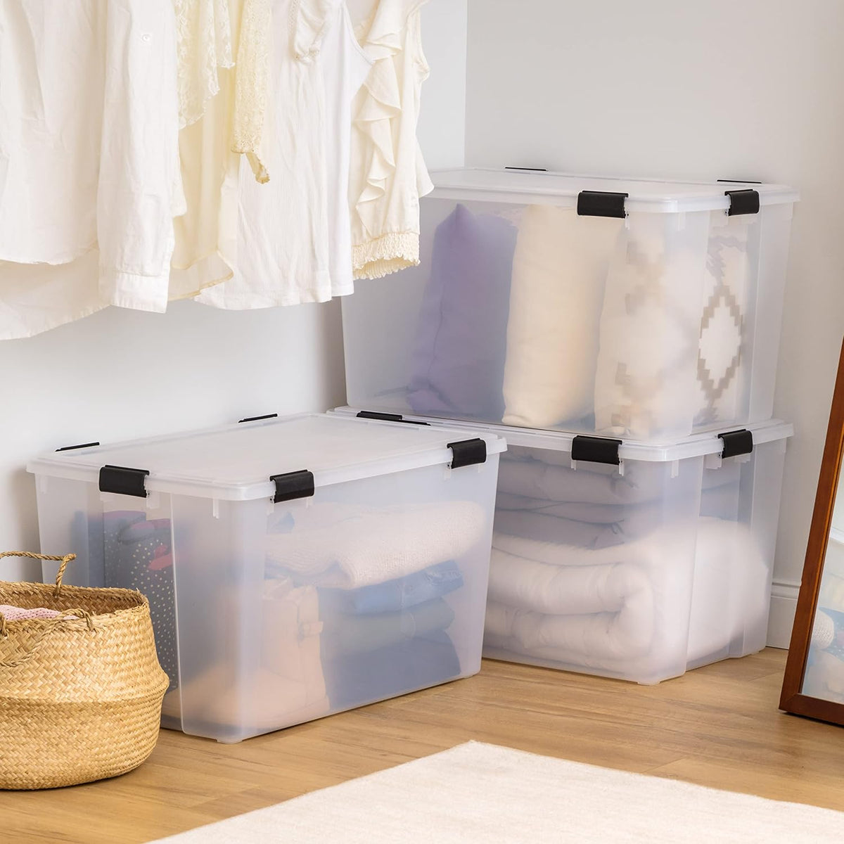 IRIS USA 3-Pack 156 Qt Storage Bins with Gasket Lids, Clear/Black