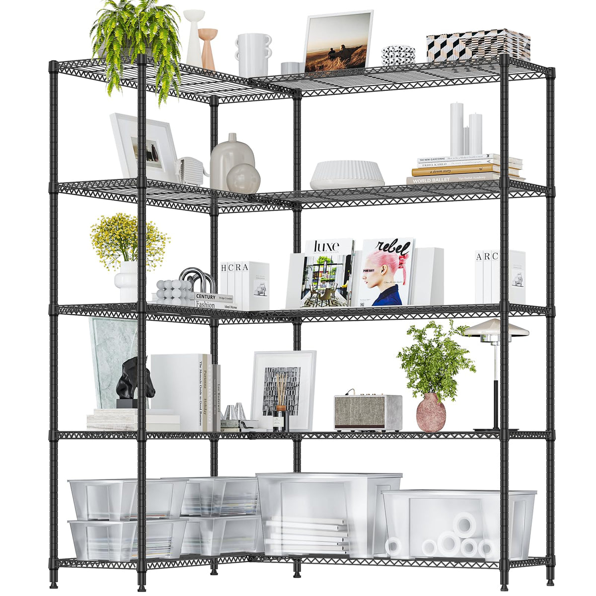 IZEUK 5-Tier Adjustable Heavy Duty Steel Wire Shelving Unit with Wheels, Storage Rack Organizer for Garage, Kitchen, Office, Laundry, Basement (Black, 17.7" D x 47.2" W x 76.7" H, 1750 lbs Capacity)