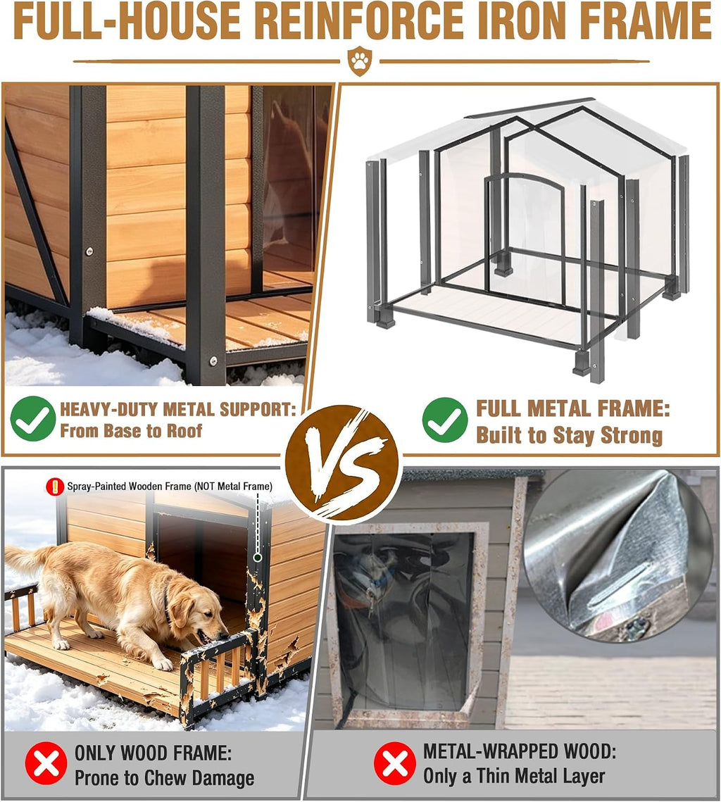 Extra Large Heated Dog House Outdoor with Full Iron Frame and Covered Porch