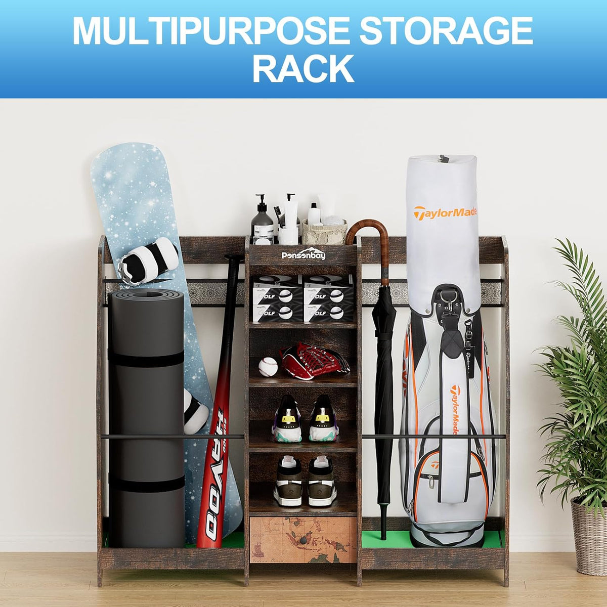 Golf Bag Storage Organizer Holds 2 Golf Bags for Garage - Wooden Rack