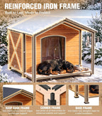 Extra Large Heated Dog House Outdoor with Full Iron Frame and Covered Porch
