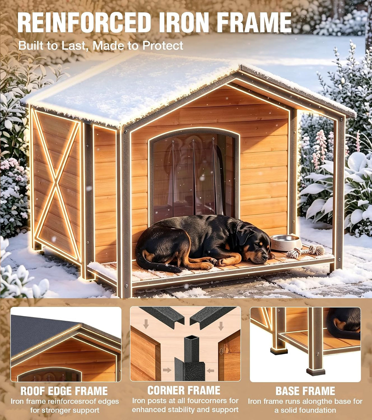 Extra Large Heated Dog House Outdoor with Full Iron Frame and Covered Porch