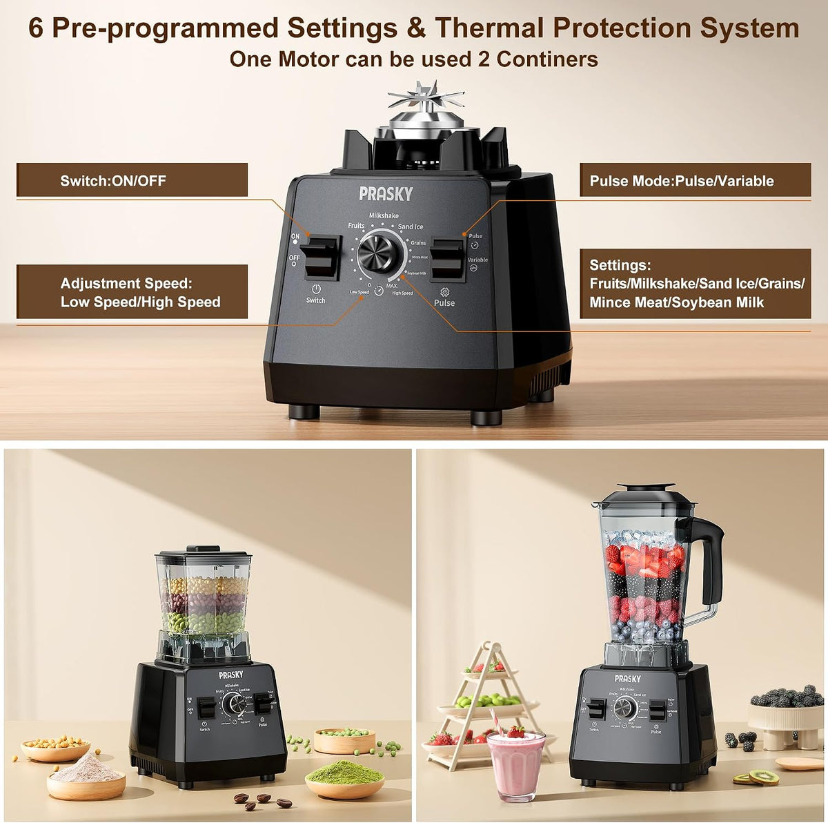 Smoothies Blender, Max.2400W/1000W PRASKY Professional Blender, 68oz