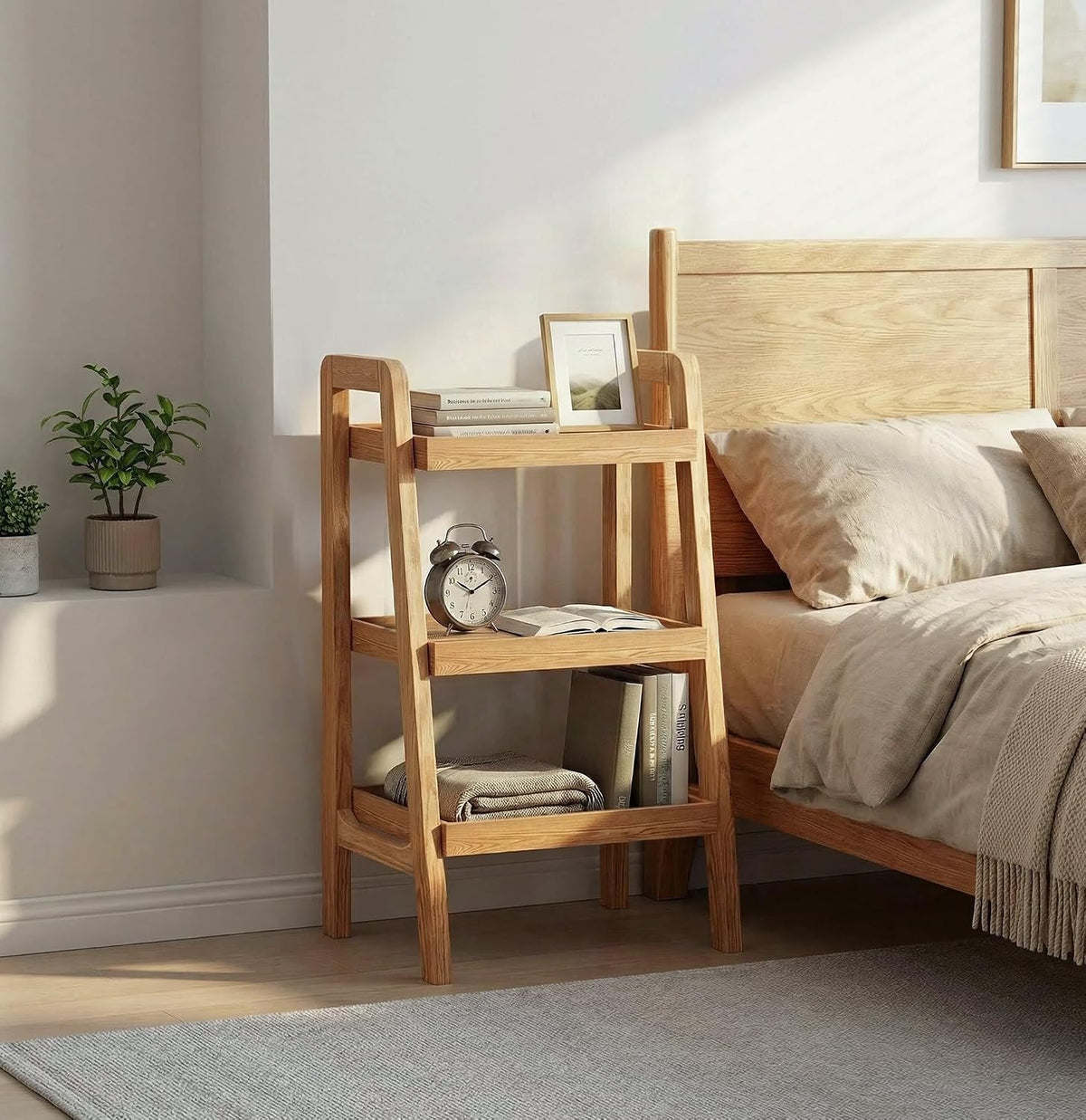 Solid Wood Ladder Shelf, 3 Tier Open Bookcase Storage Shelf