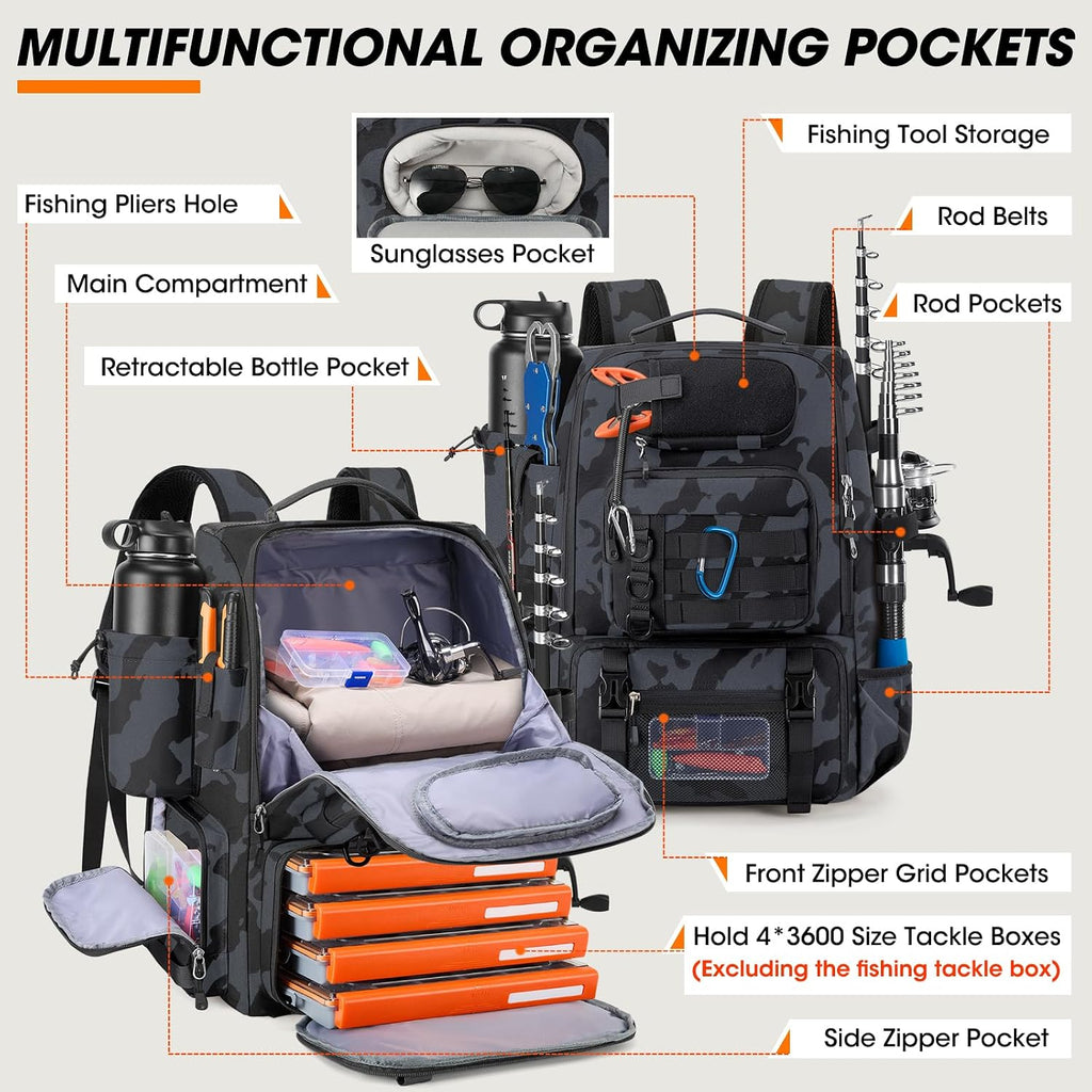 RAINSMORE Fishing Backpack 40L Tackle Backpack with Rod Holders & Cooler
