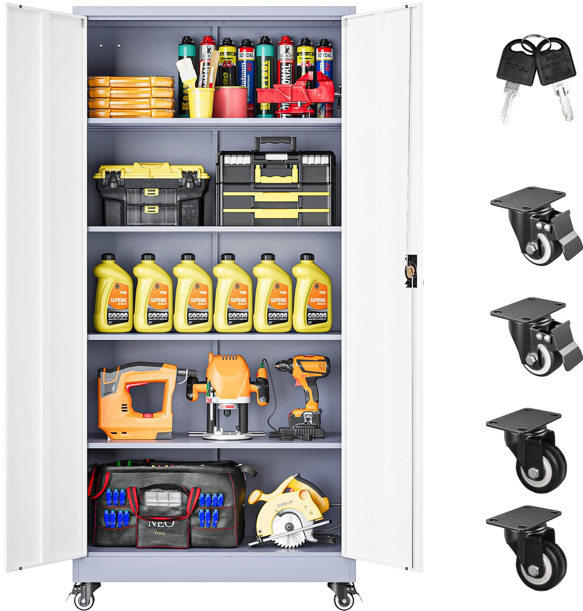 SISESOL 75" Tall Metal Storage Cabinet with Wheels,Rolling Garage Storage Cabinet with Lock,Black Metal Cabinets with Wheels and Shelves,Deep Heavy Duty Tool Locker for Garage,Home,Office,Shop