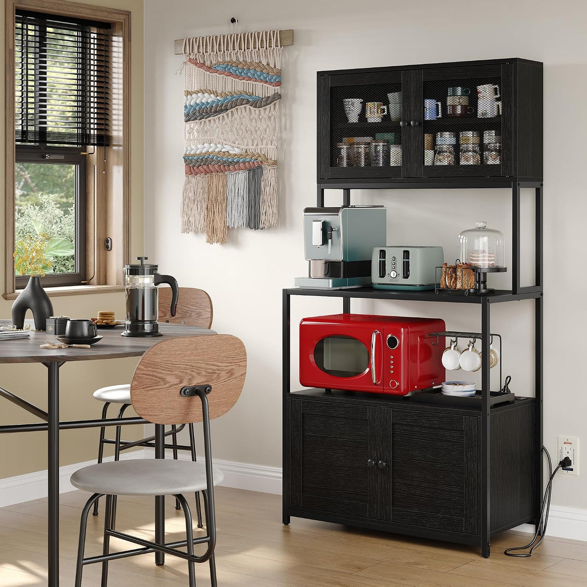 Furniouse 6-Tier Kitchen Bakers Rack with Power Outlet, Industrial Microwave Oven Stand with Shelves, Dust Prove Door, Standing Storage Rack (Black)