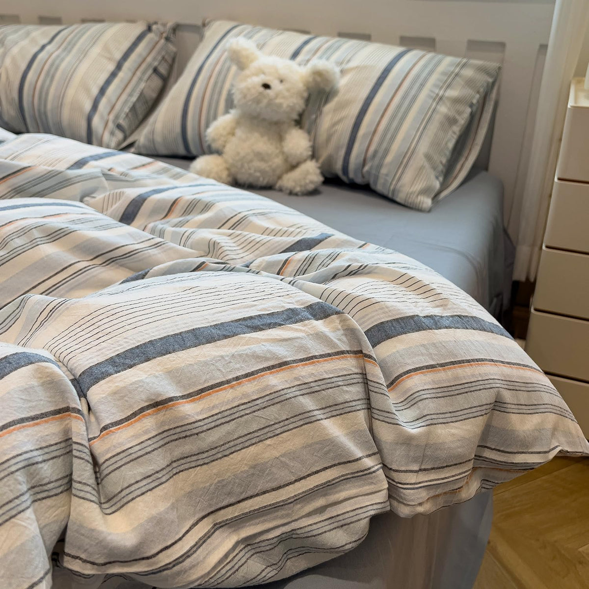 mixinni Vintage Buffalo Plaid Duvet Cover Set Queen Size - 3 Piece Washed Cotton Bedding Set with Grid Pattern, Soft & Breathable Duvet Cover with Pillowcases for All Seasons,(Brown & Blue,Beige)