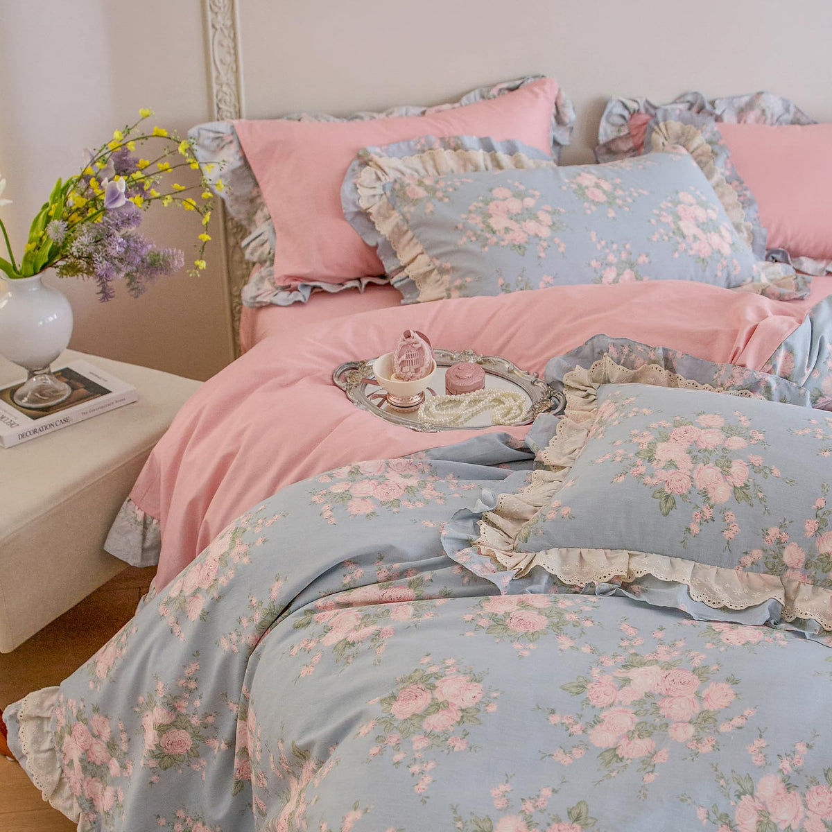 LifeTB Green Floral 100% Jersey Knit Cotton Duvet Cover Queen Vintage Style Botanical Floral Bedding Set Chic Shabby Green Floral Comforter Cover Girl Women Flower Bedding Cover with 2 Pillowcases