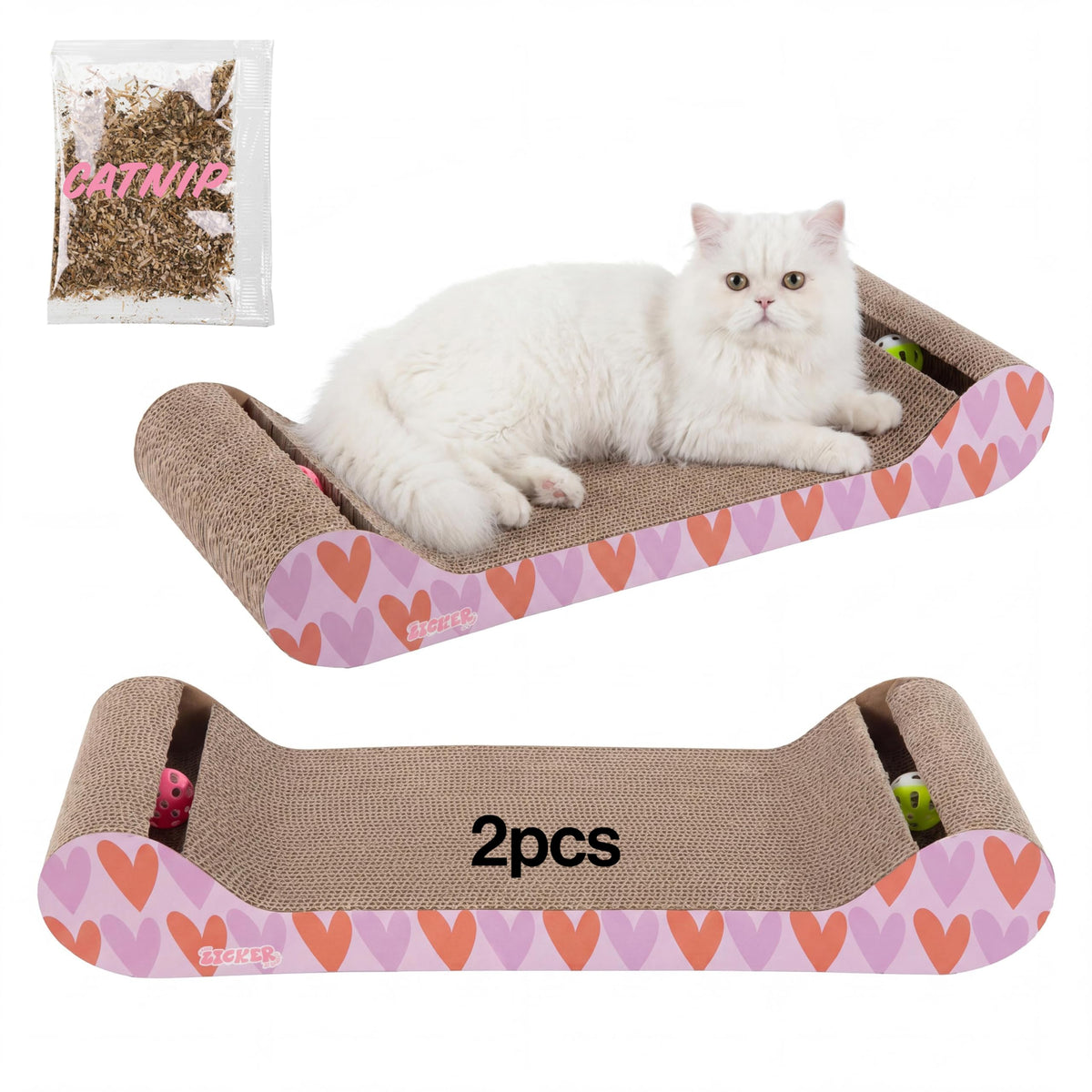 Rini 23.75" Modern Cardboard Cat Scratcher Lounge Bed with Built-in Bell Toys and Catnip, Ergonomic Curved Sofa Design, Oak Wood Finish, Set of 2 CSR1003C-SET2