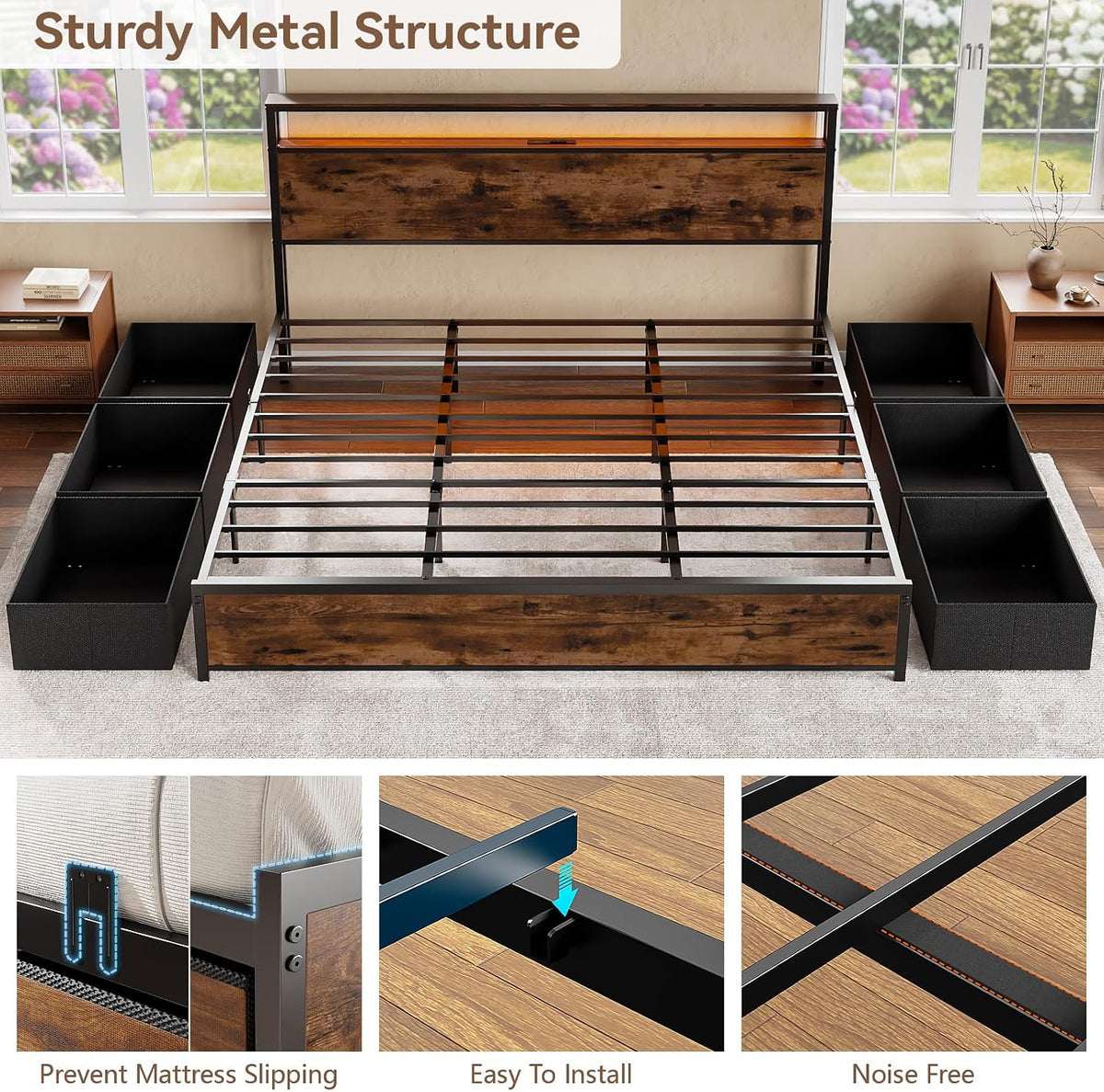 Forestell King Size Bed Frame with 2-Tier Storage Headboard & 6 Drawers