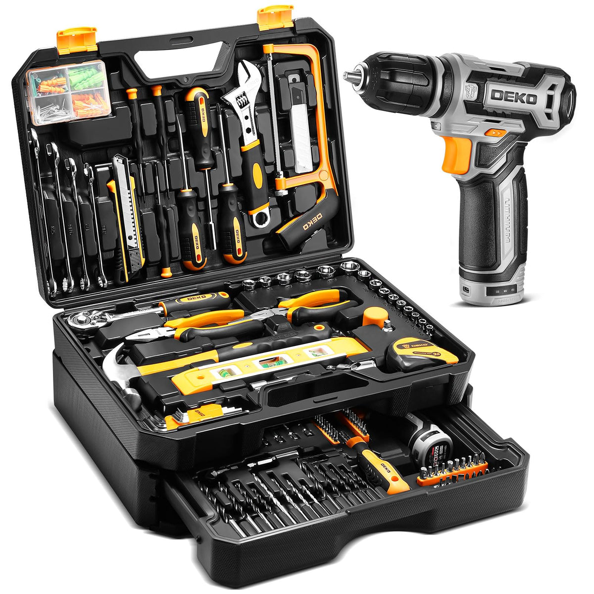 Pink Tool Kit Box Drill Set：DEKOPRO Home Mechanic Toolbox with 12V Power Cordless Drill Hand Repair Tools Sets Combo Kits Storage Organizer Drawer Case for Men & Women