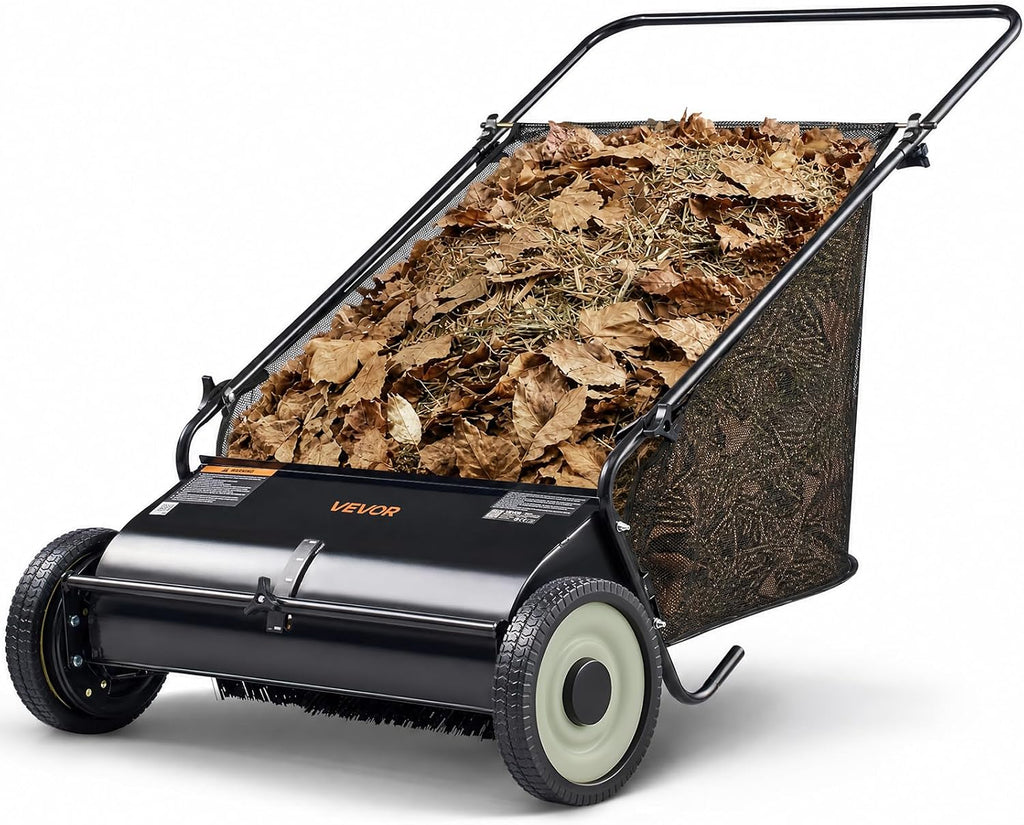 VEVOR Push Lawn Sweeper 26 Inch Leaf & Grass Collector 7 cu. ft. Hopper Bag