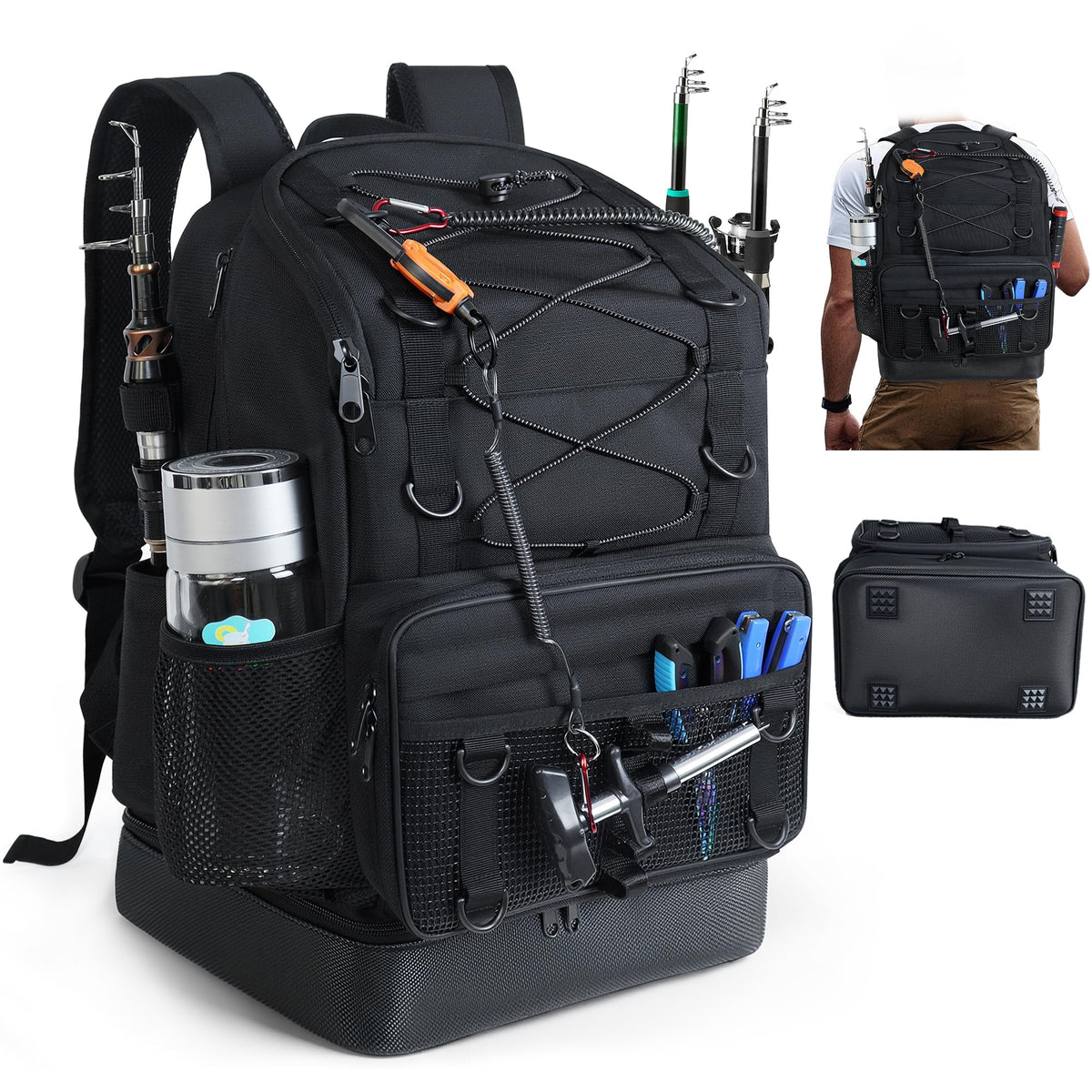 Fishing Backpack with Rod Holder, Heavy Duty Fishing Bag with Waterproof Bottom, Tackle Backpack Gifts for Man Woman-Black