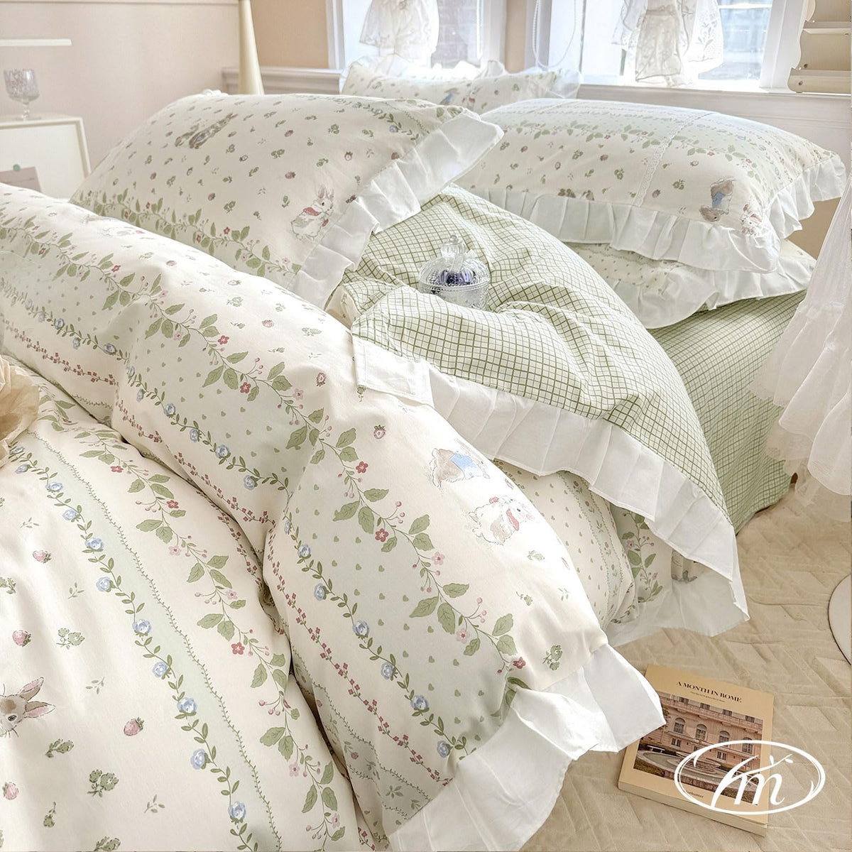 Floral Duvet Cover Set Muslin Cotton Queen(90"x90"),Pink Flower