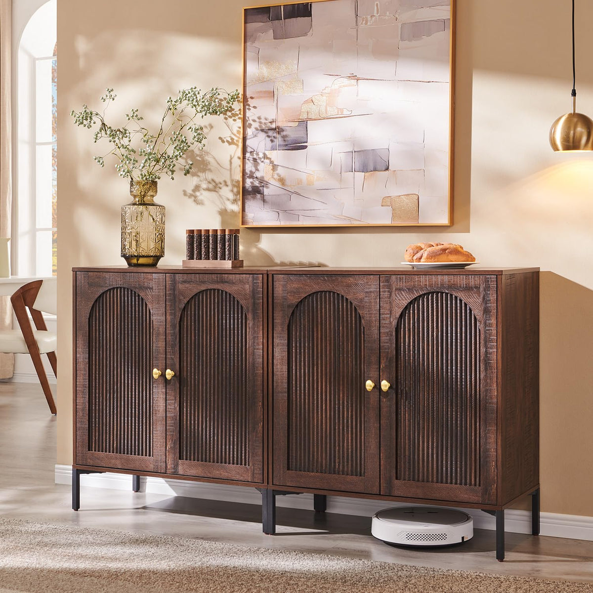 IFGET 34" Tall Modern Arched Sideboard Buffet Cabinet with Storage, Brown