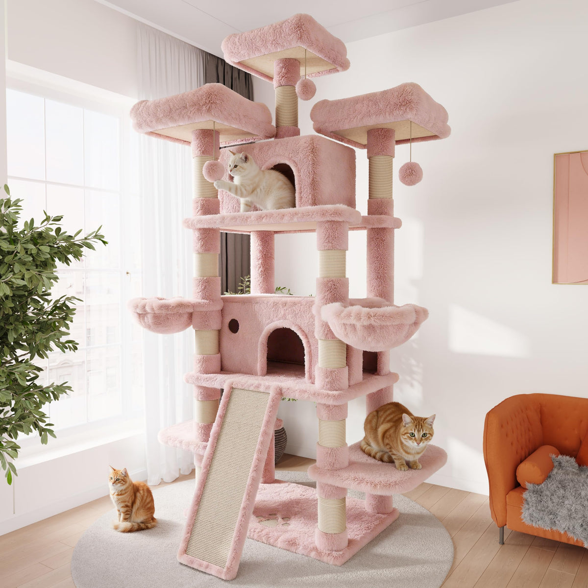 SHA CERLIN 68 Inches Multi-Level Large Cat Tree for Large Kitties/Big Cat Tower with Condo/Cozy Plush ‌Pussycat Perches/Sisal Scratching Posts and Hammocks/Activity Center/Leopard Print