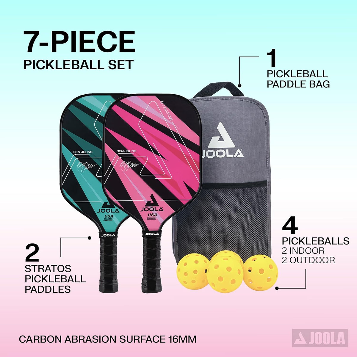 JOOLA Pickleball Paddles Set of 2 – Multiple Colors - Reinforced Fiberglass Surface – Lightweight, Durable, Beginner-Friendly Racket Design – Set Includes Balls & Bag – USAP Approved