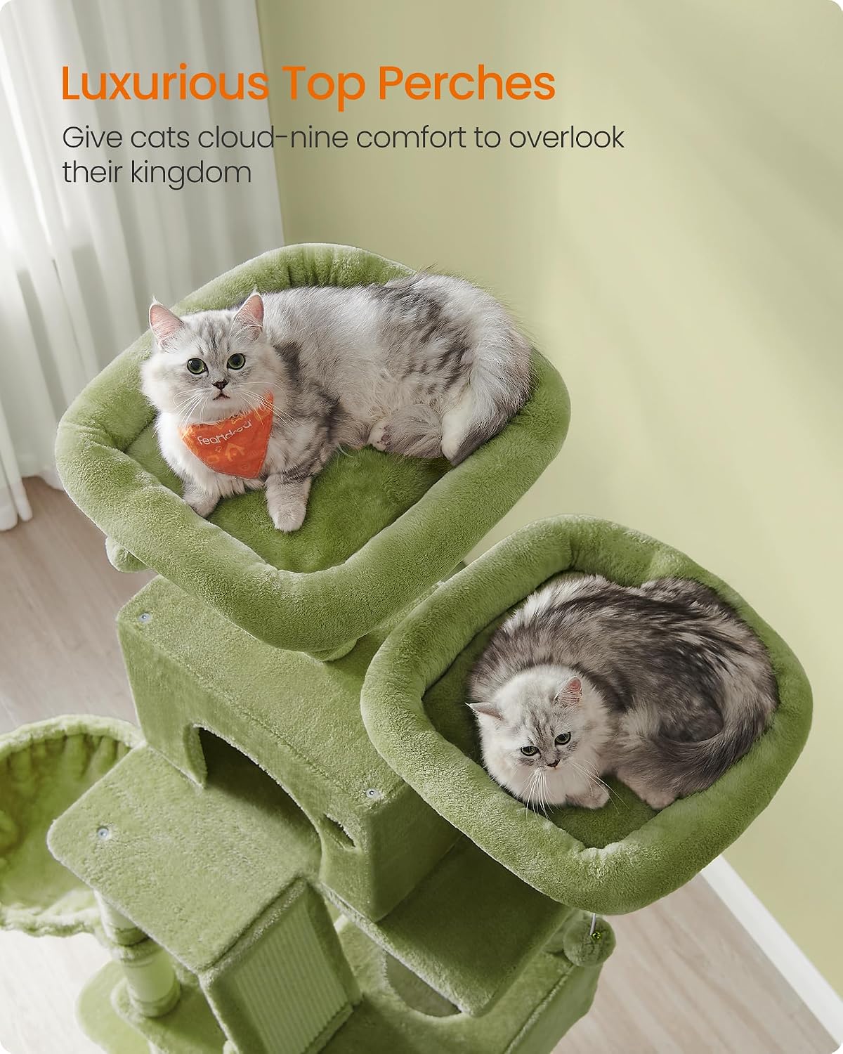 Feandrea Cat Tree, 81.1-Inch Large Cat Tower, Multi-Level Condo, Green