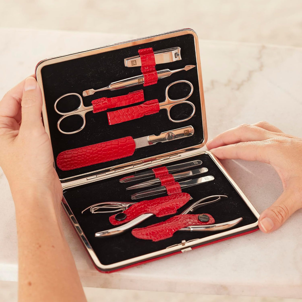 ZWILLING Manicure Set Pedicure Kit, Nail Care Complete Set, Cowhide, Croco Edition, 10-Piece, Red