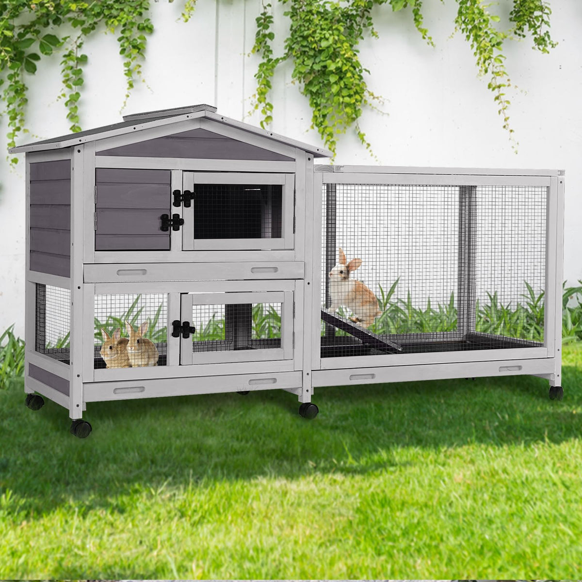 GUTINNEEN 2-Story Rabbit Hutch with Chew-Proof Full Metal Frame for Indoor/Outdoor - 62" Bunny Cage with 6 Locking Casters & 2 Pull-Out Trays for Rabbits, Guinea Pigs, Small Pets (Brown)