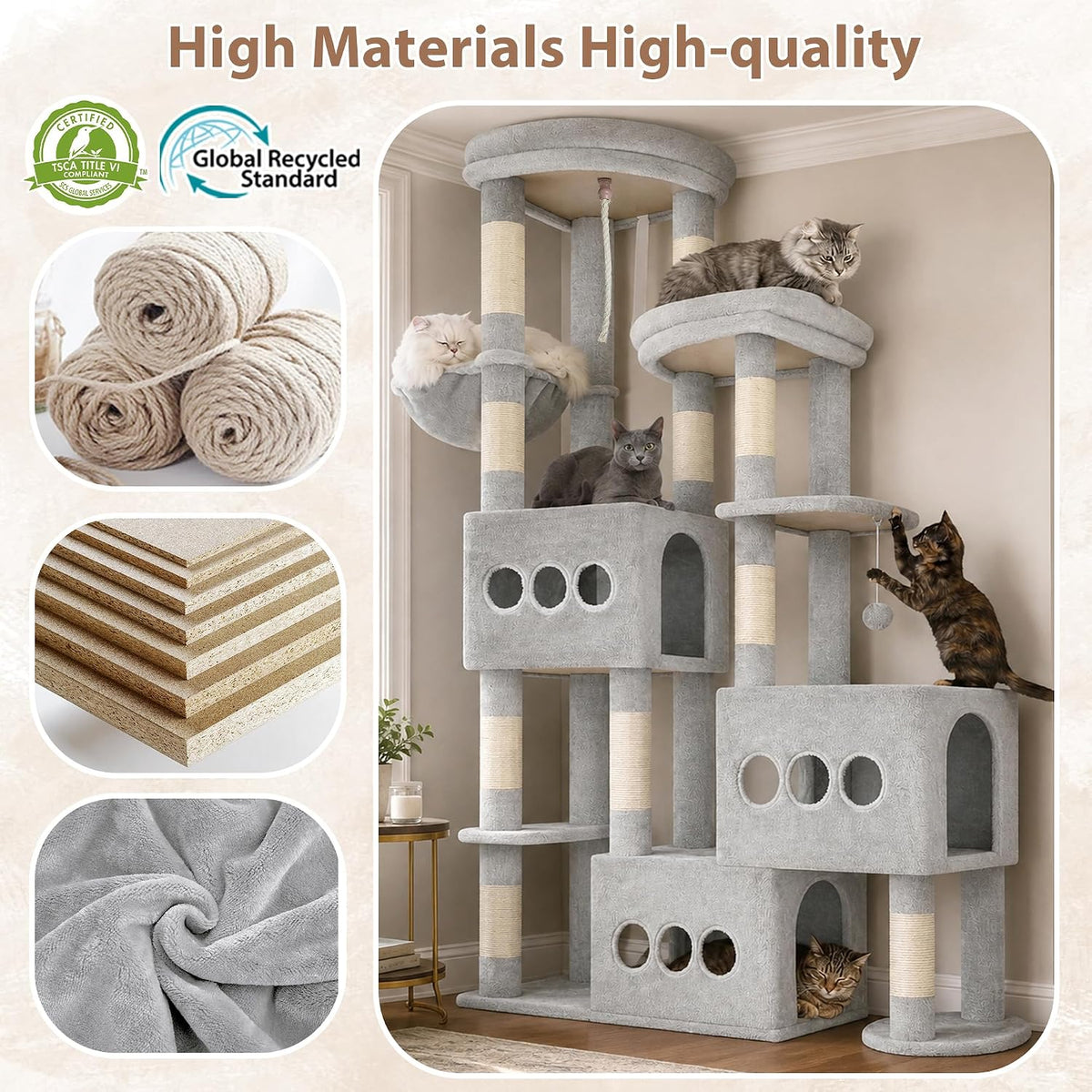 Gitelsnour Sturdy Cat Tree Tower, 3 XXL Condos for Large Adult Cats GCT036W