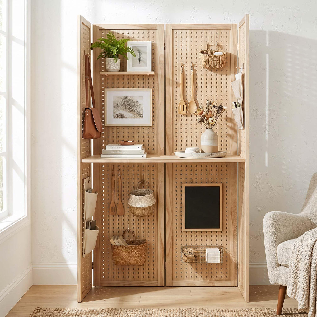 Pegboard Display, 5.6Ft Portable Freestanding Wall Organizer Wooden Room Divider Folding Privacy Screens for Craft Art Display Board (6 Panels, Natural)