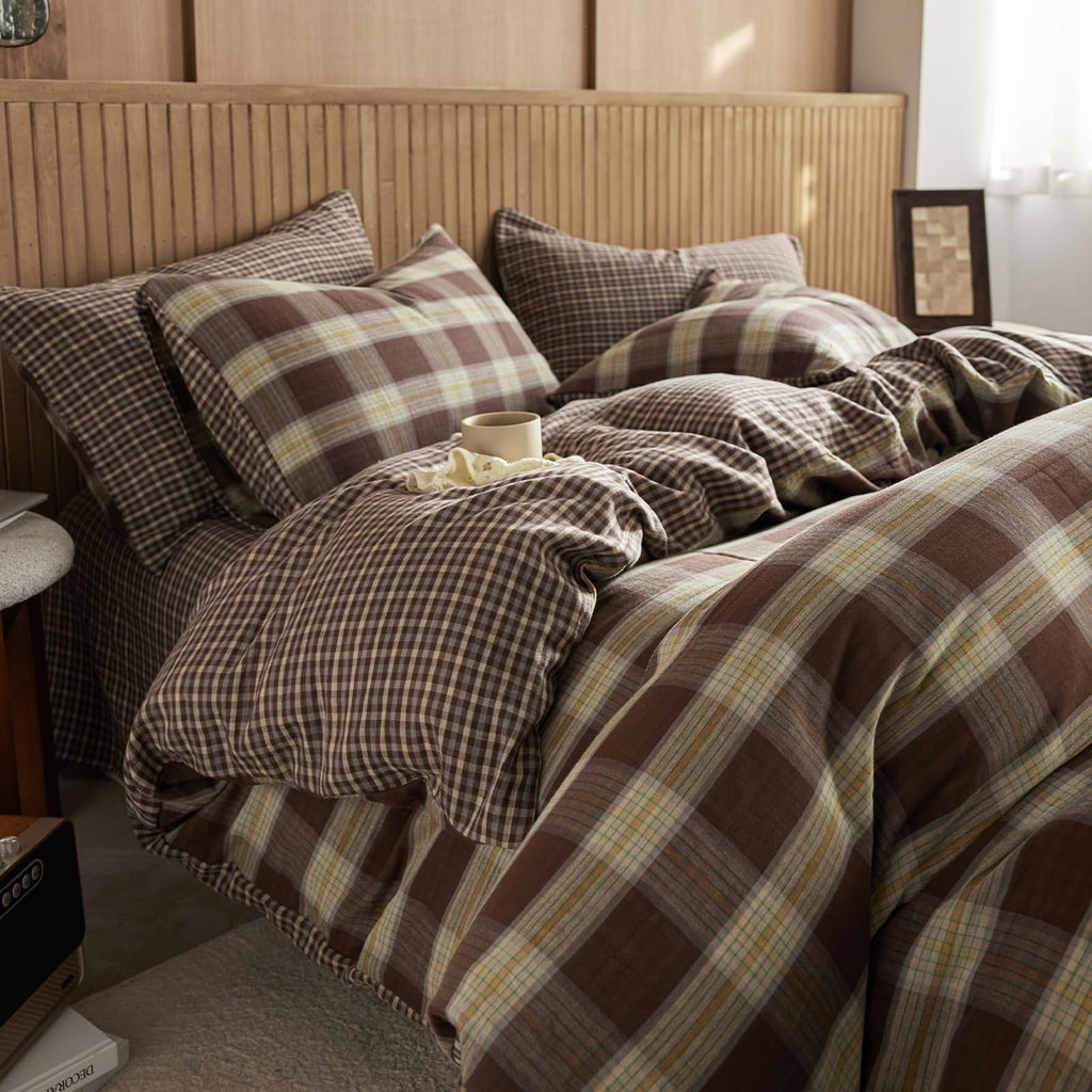 EAVD Vintage Buffalo Plaid Duvet Cover Queen Red&Black&Green Muslin Cotton