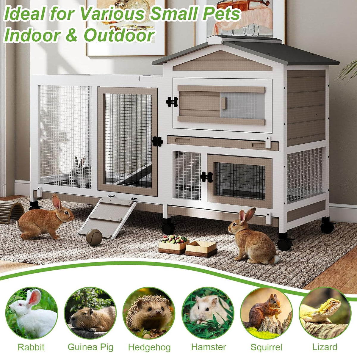 2 Story Rabbit Hutch Outdoor Indoor, Wooden Bunny Cage with 6 Lockable Wheels, 3 Removable No Leakage Pull Out Trays, Chew-Proof Ramp & Waterproof Roof, Ideal for Rabbit & Guinea Pig