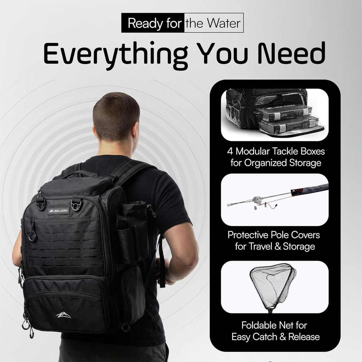 Waterproof Fishing Backpack with Tackle Boxes, Rod Holder & Foldable Net - 40L Fishing Tackle Bag with Trays Included, Extra Storage Gear and Equipment, Rain Cover, Fisherman Gift for Men