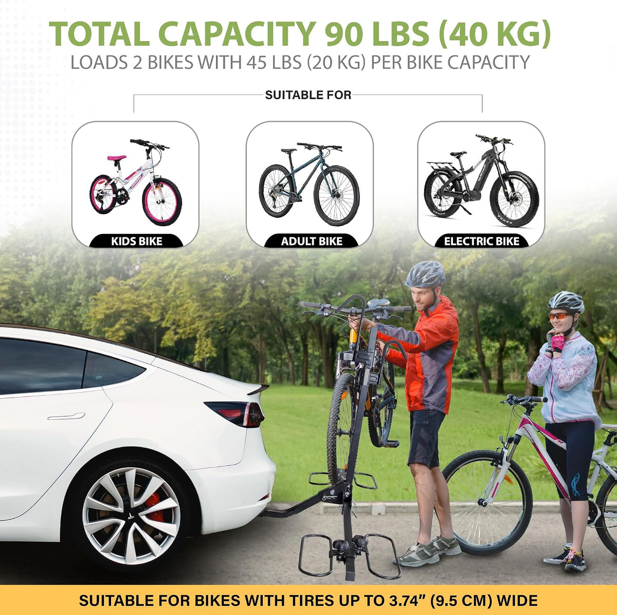 Biltek Hitch Bike Rack, 90 lbs (40 kg) Capacity, Car Bike Rack for 2 Bikes, Tiltable & Foldable, Fits 1.25" & 2" Hitch, Includes 6 Extra Straps, 2 Bike Rack for SUV, Cars, Truck, Minivan & Sedan