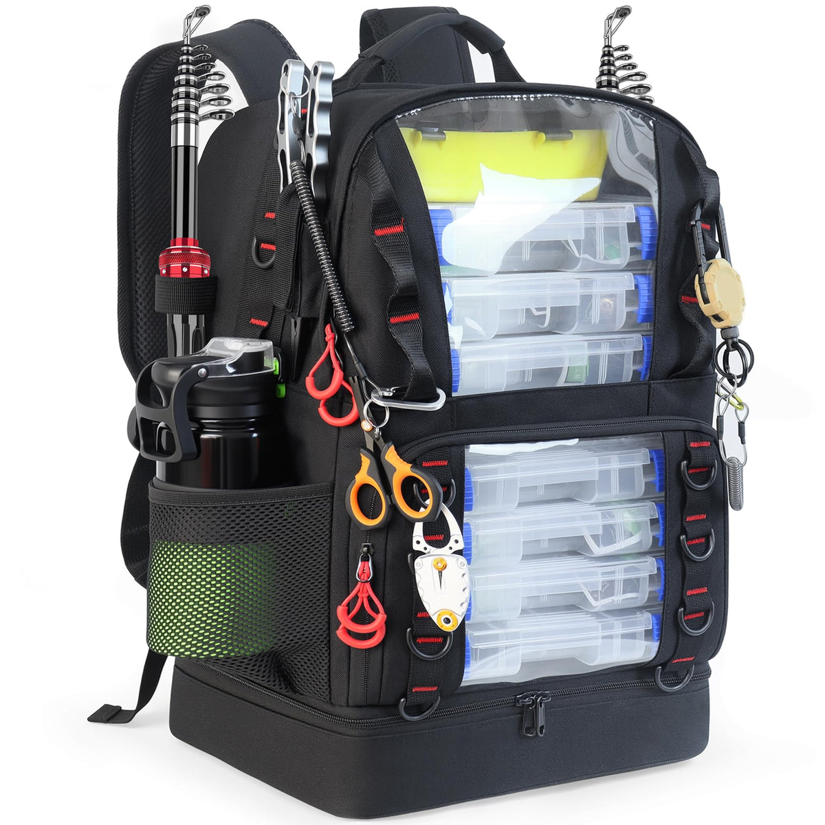 Fishing Tackle Backpack with Cooler,45L Large Tackle Bag with 2 Rod Holders & Clear Window,Outdoor Fishing Backpack for Fishing,Camping,Hiking,Black