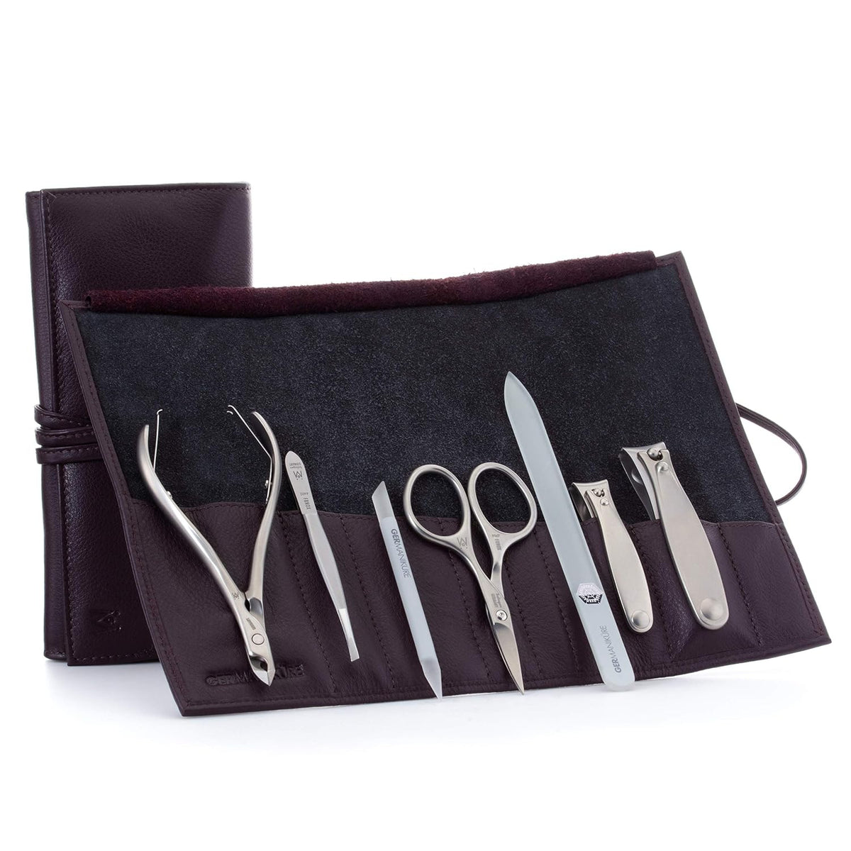 GERMANIKURE 7pc Manicure & Pedicure Set, FINOX Steel, Purple Leather Roll