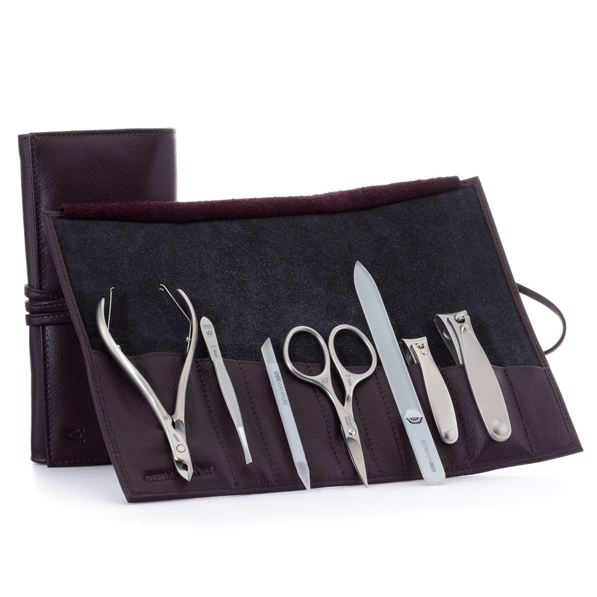 GERMANIKURE 7pc Manicure & Pedicure Set, FINOX Steel, Purple Leather Roll