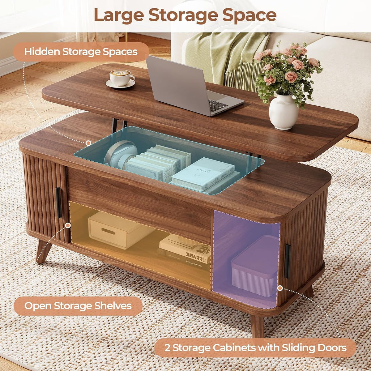 39.4" Mid Century Modern Lift Top Coffee Table, Wooden Fluted Coffee Table with Large Hidden Storage, 360° Curved Sliding Tambour Doors, for Living Room, Home Office, Apartment, Brown