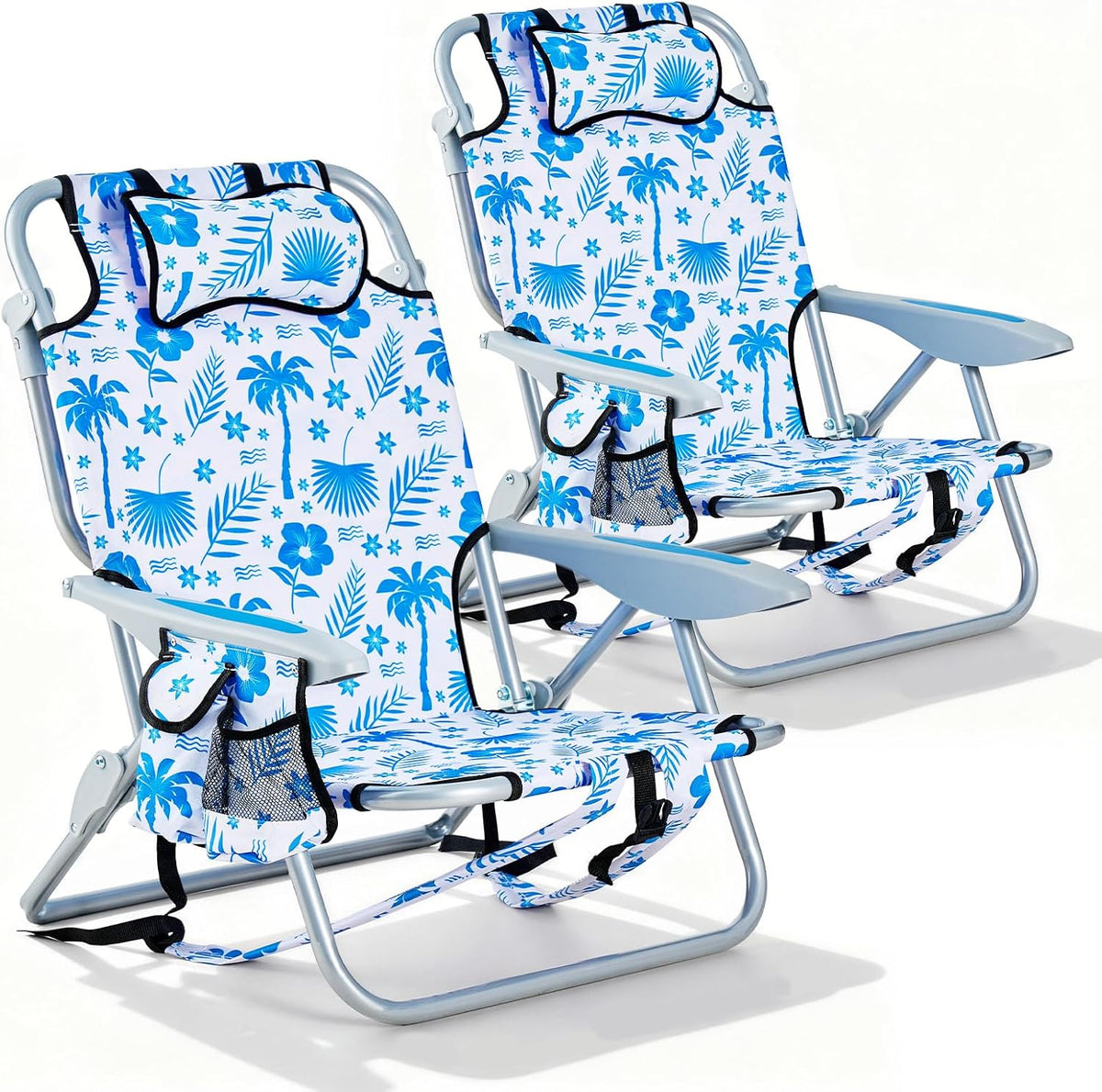 2 Pack Lightweight Portable Camping Beach Chair for Adults, Outdoor Lay Flat Folding Beach Chairs with 5 Positions, Backpack Beach Chair with Towel Bar, Zipper Pouch, Cup Holder, NEW Striped