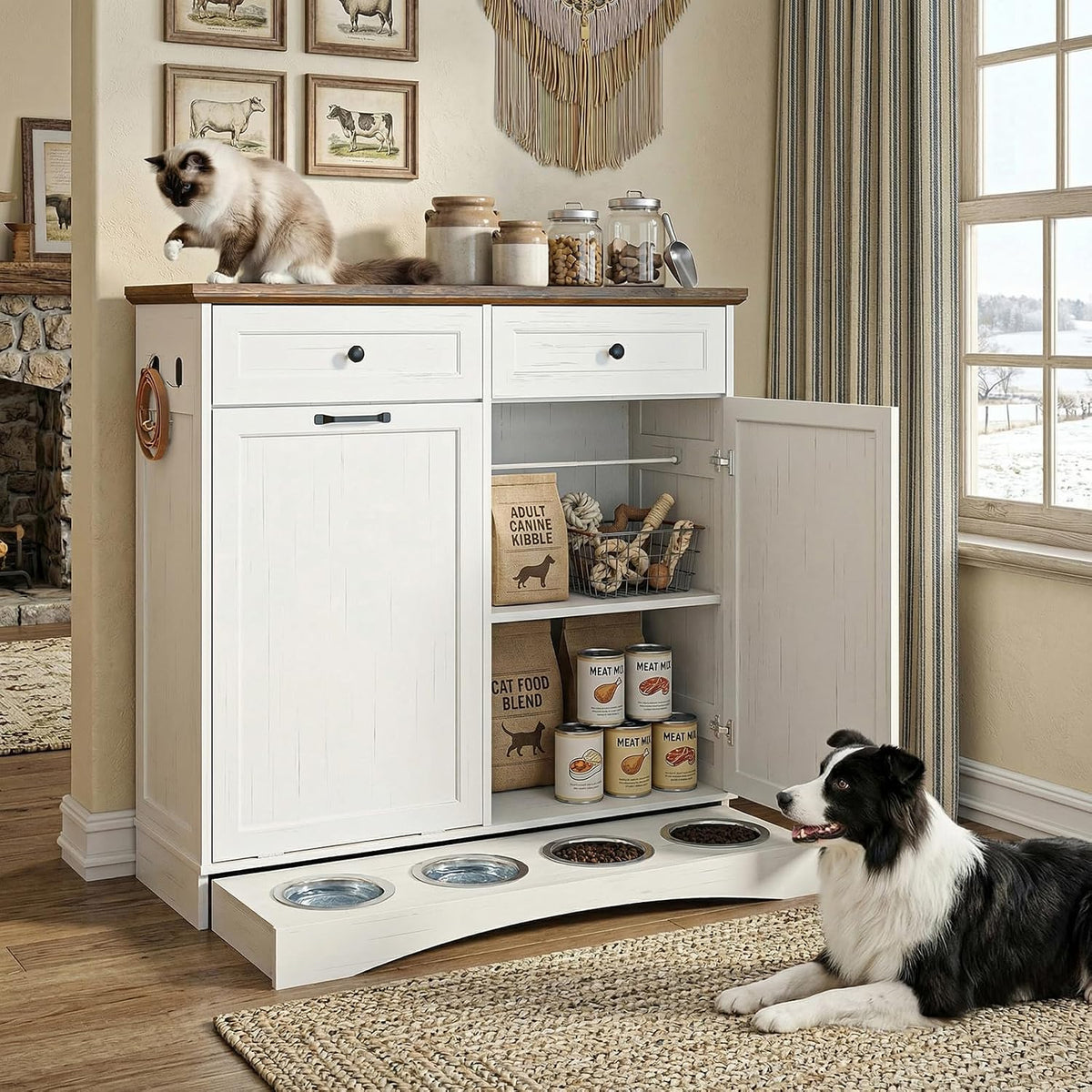 Furnaza Pet Feeding Station with 4 Bowls,Dual Doors dog cabinet storage