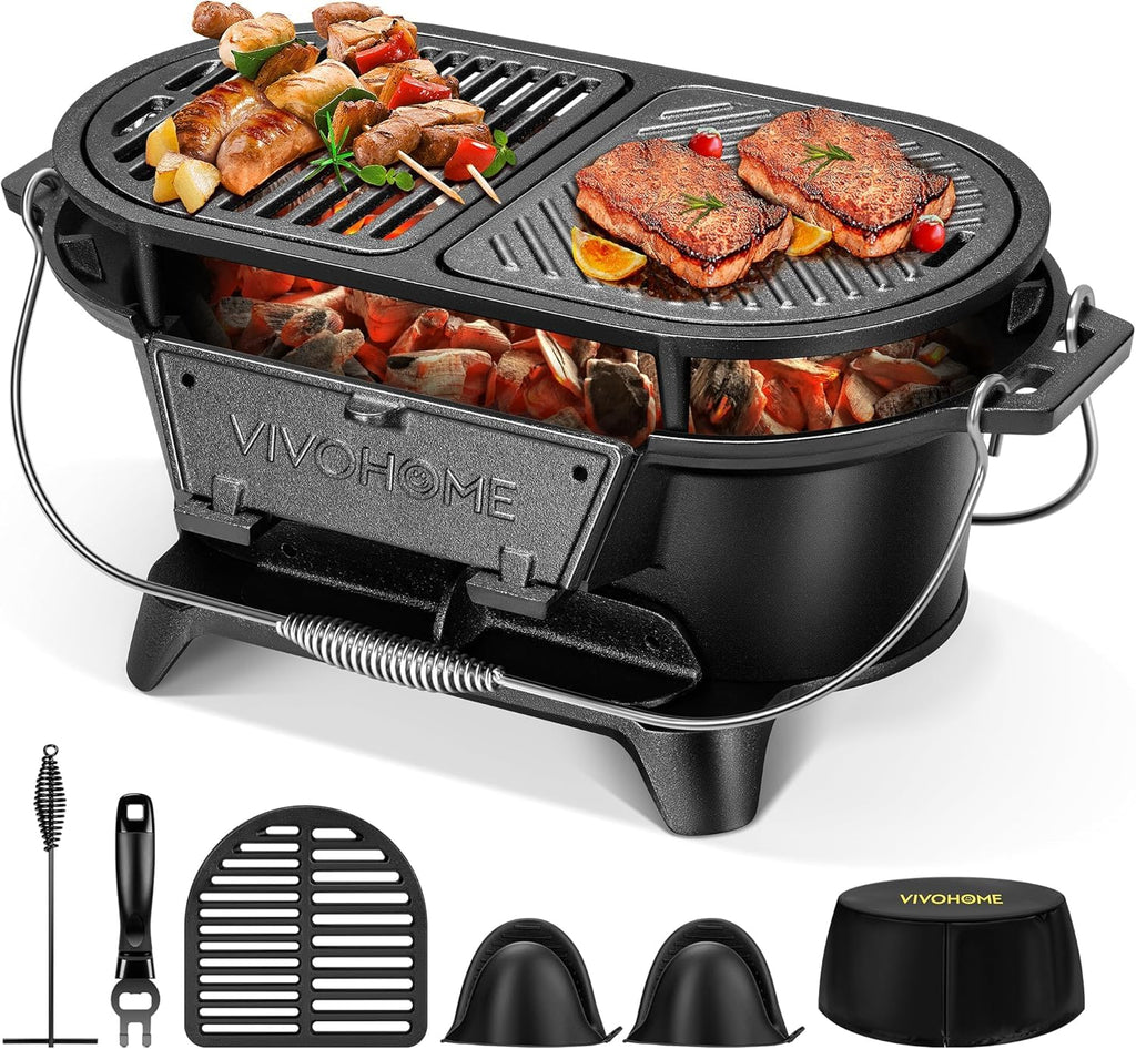 VIVOHOME Oval Cast Iron Grill with Interchangeable Grates & Griddle