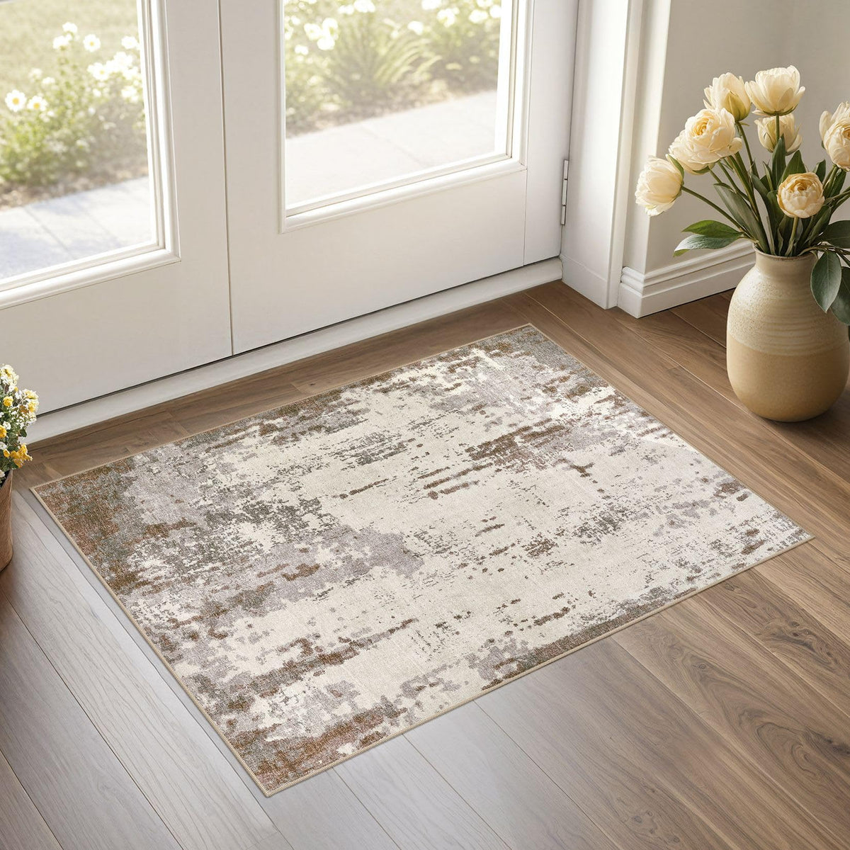 UERMEI 9x12 Area Rug Living Room Rugs - Washable Neutral Modern Abstract Soft Thin Large Rug Indoor Floor No Slip Rug Carpet for Bedroom Under Dining Table Home Office Decor - Brown Grey