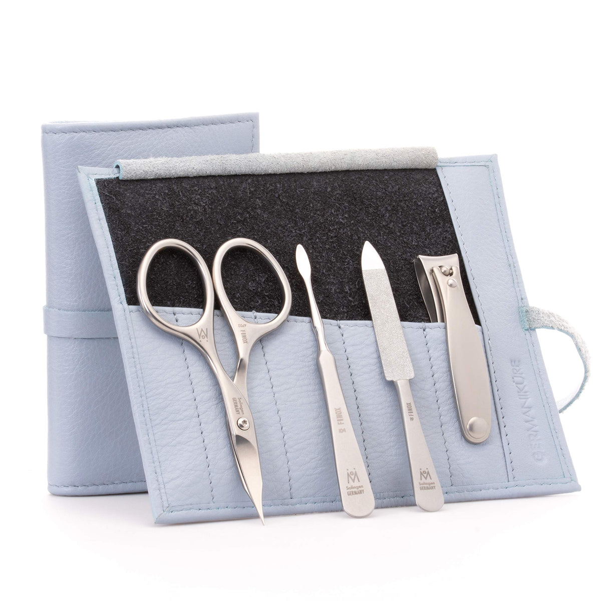 GERMANIKURE 7pc Manicure & Pedicure Set, FINOX Steel, Purple Leather Roll
