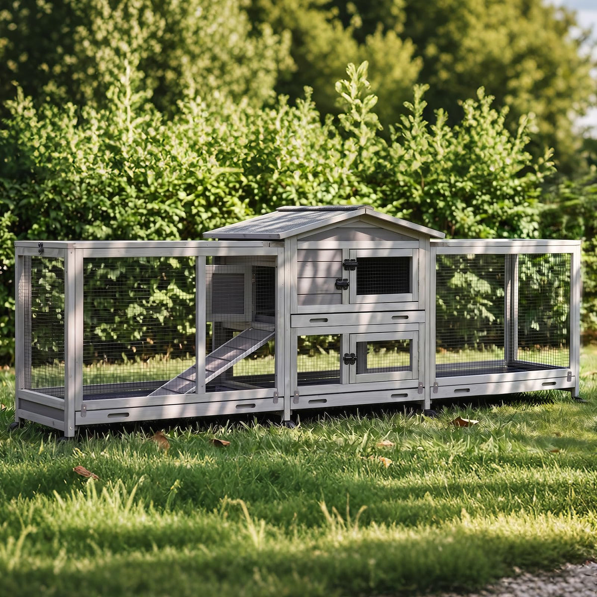 GUTINNEEN 2-Story Rabbit Hutch with Chew-Proof Full Metal Frame for Indoor/Outdoor - 62" Bunny Cage with 6 Locking Casters & 2 Pull-Out Trays for Rabbits, Guinea Pigs, Small Pets (Brown)