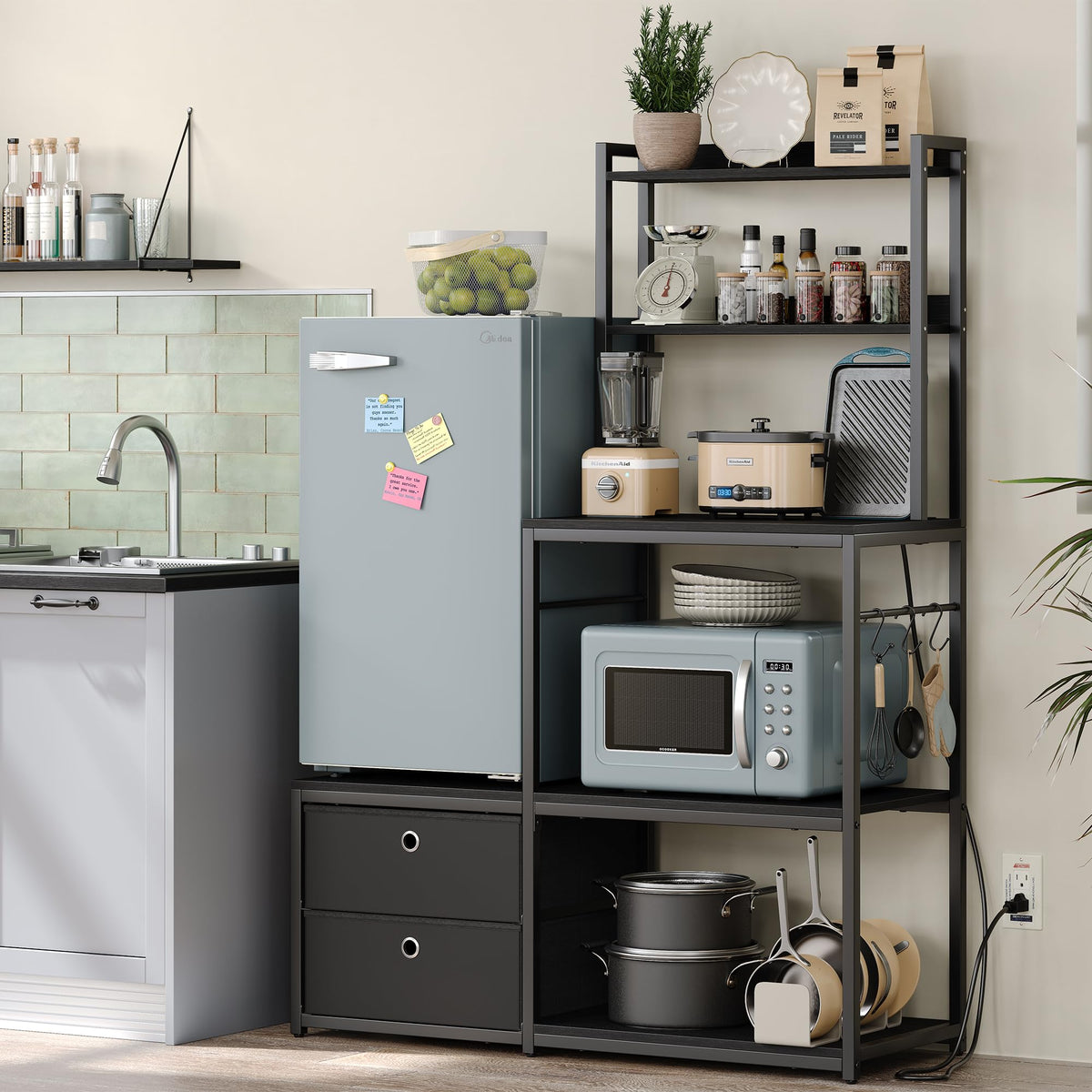 Furniouse Mini Fridge Stand with Storage, Refrigerator Cabinet with Power Outlet - Multifunctional Microwave Stand, Coffee Bar Station for Dorm, Office and Kitchen, Black