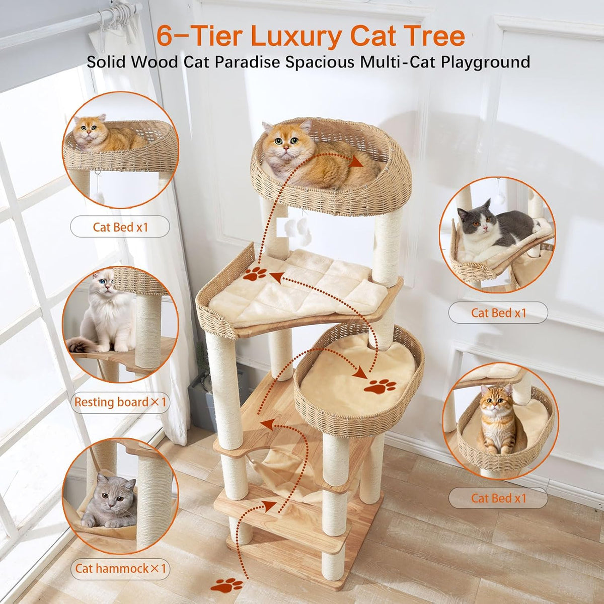 Wooden Cat Tree for Indoor Cats, 62 in Tall Cat Tower