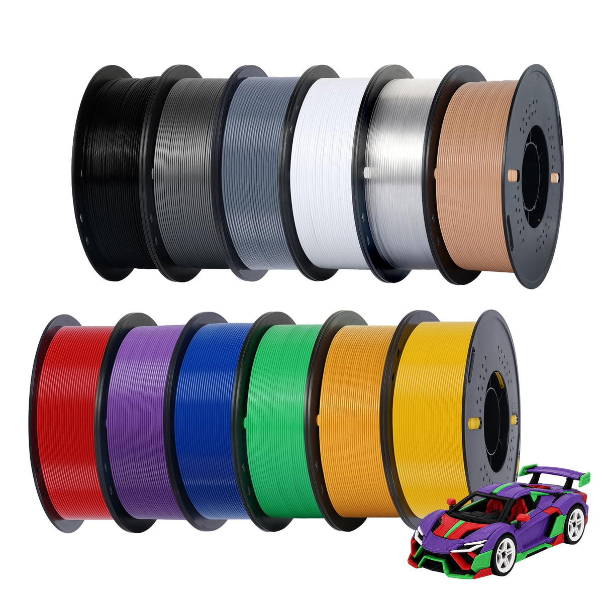 Kingroon PETG 3D Printer Filament, 10 Rolls, Dimensional Accuracy +/- 0.03 mm, 1kg Spool(2.2lbs), 1.75 mm，10KG Ten Colors Black White Grey Red Blue Green Yellow Orange Transparent Silver